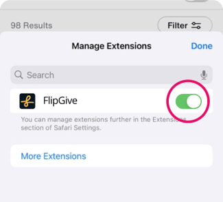 Manage Extensions on Safari iPhone | Toggle ON FlipGive Extension