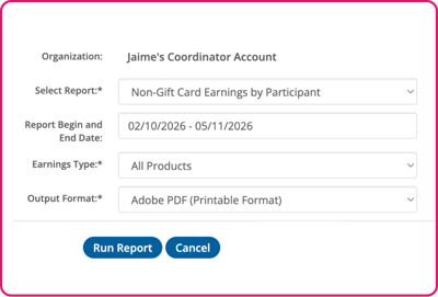 Non-Gift Card Earnings by Participant Report Page