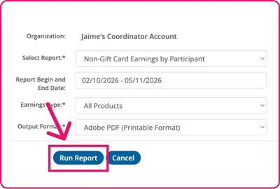 Non-Gift Card Earnings by Participant Report Page