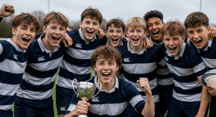 Rugby team celebrating a win