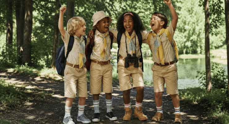 Scout troop rejoicing on a hike