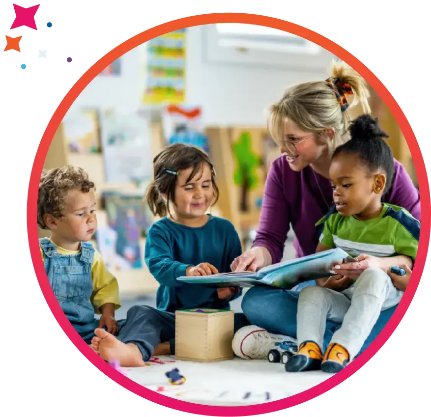 Preschool teacher reading to students
