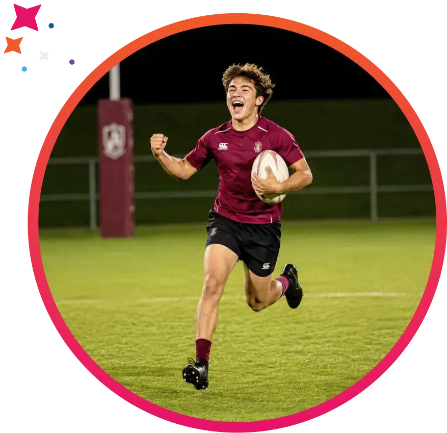 Rugby player running across field