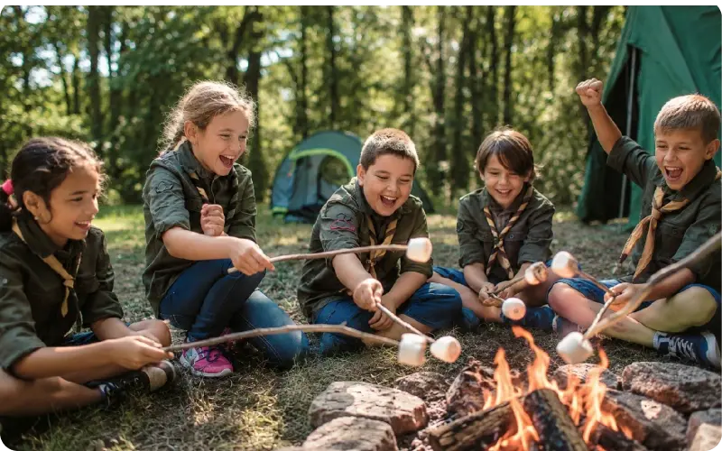 Scout troop roasting marshmallows around campfire